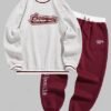 latest Men's Colorblock Letter Pattern Fuzzy Fleece-lined Crew Neck Pullover Sweatshirt And Letter Embroidery Drawstring Jogger Pants Set - DEEP RED ONE SIZE