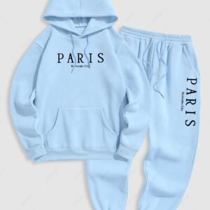 fancy Men's Casual Letter PARIS Romantic City Pattern Fuzzy Fleece-lined Kangaroo Pocket Design Pullover Hoodie And Drawstring Jogger Sweatpants Set - LIGHT BLUE ONE SIZE