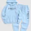 fancy Men's Casual Letter PARIS Romantic City Pattern Fuzzy Fleece-lined Kangaroo Pocket Design Pullover Hoodie And Drawstring Jogger Sweatpants Set - LIGHT BLUE ONE SIZE