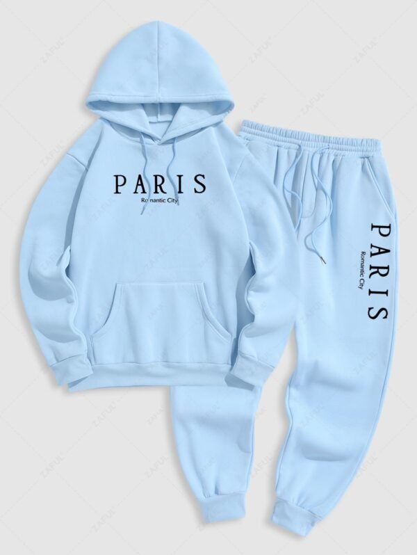 fancy Men's Casual Letter PARIS Romantic City Pattern Fuzzy Fleece-lined Kangaroo Pocket Design Pullover Hoodie And Drawstring Jogger Sweatpants Set - LIGHT BLUE ONE SIZE