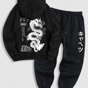 new Men's Chinese Characters Dragon Japanese Letter Number Graphic Pattern Fuzzy Fleece-lined Kangaroo Pocket Design Pullover Hoodie And Drawstring Jogger Sweatpants Set - BLACK ONE SIZE