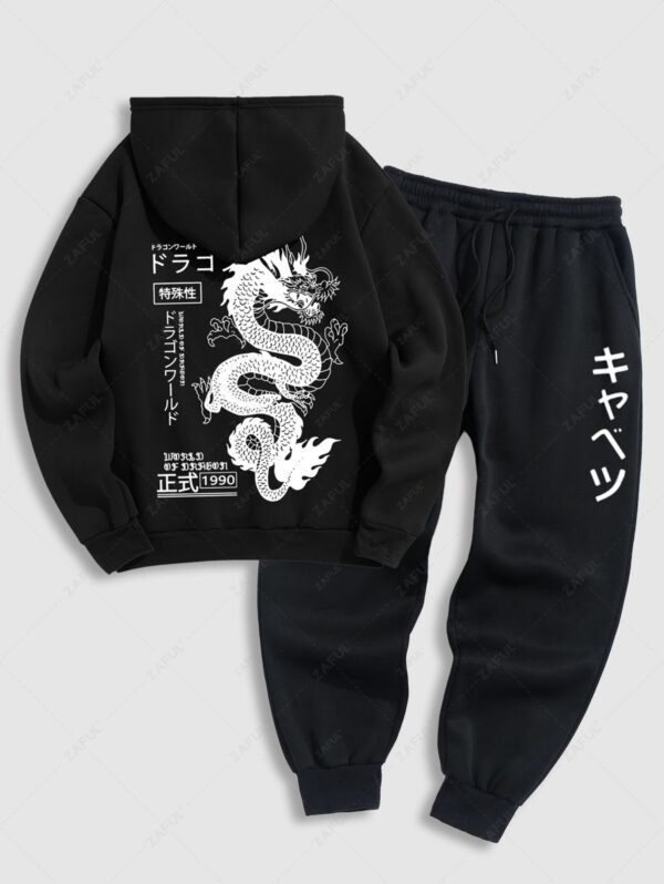 new Men's Chinese Characters Dragon Japanese Letter Number Graphic Pattern Fuzzy Fleece-lined Kangaroo Pocket Design Pullover Hoodie And Drawstring Jogger Sweatpants Set - BLACK ONE SIZE