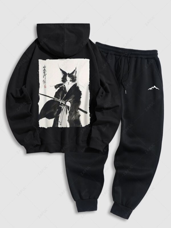 hot Men's Japanese Cat With Samurai Katana Pattern Kangaroo Pocket Pullover Hoodie And Fuzzy Fleece-lined Drawstring Jogger Sweatpants Set - BLACK ONE SIZE