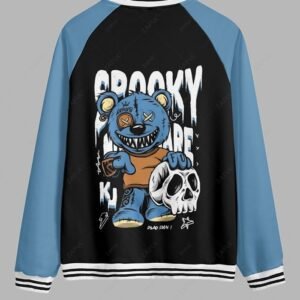 trendy Men's Colorblock Skull Bear Letters Print Contrast Striped Trim Single-breasted Baseball Jacket - BLUE S