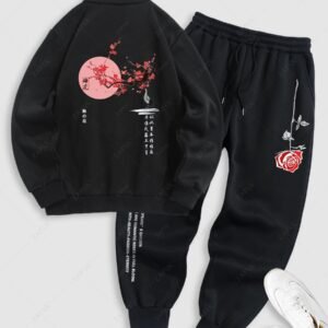 shop Men's Chinese Character Floral Bird Printed Fuzzy Fleece-lined Half Zip Stand Collar Kangaroo Pocket Design Pullover Sweatshirt And Drawstring Jogger Pants Set - BLACK ONE SIZE