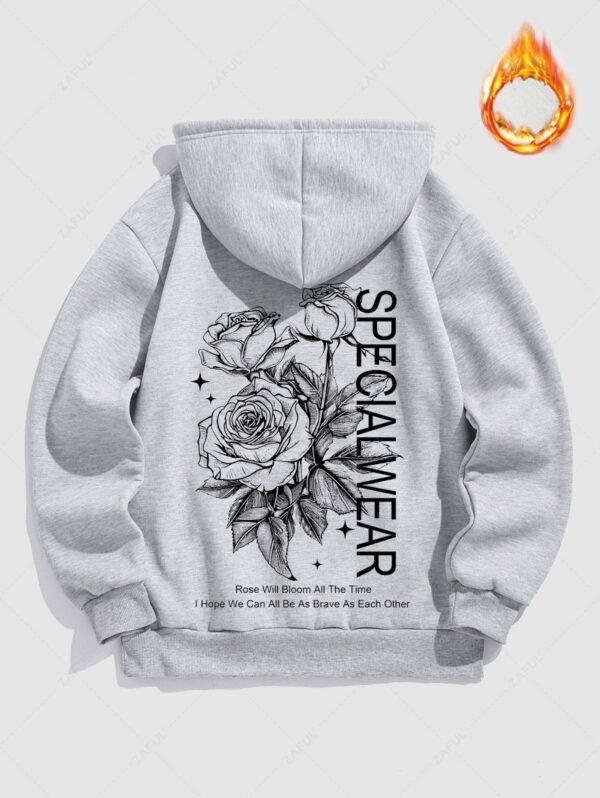 shop Men's Letter Floral Rose Pattern Fuzzy Fleece-lined Kangaroo Pocket Design Pullover Hoodie - GRAY S